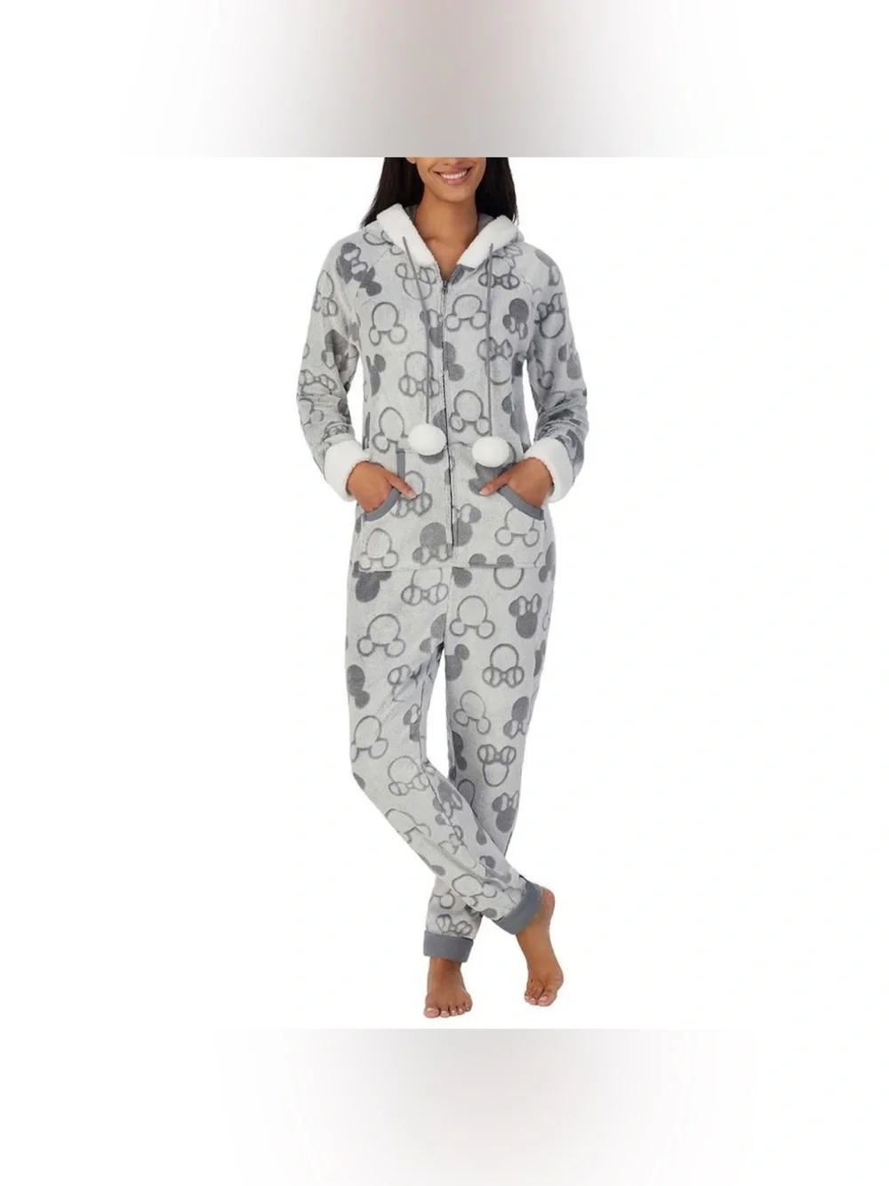 NWT Disney Gray Mickey and Minnie Mouse Fleece Hooded Pajama Onesie size S - Picture 2 of 7